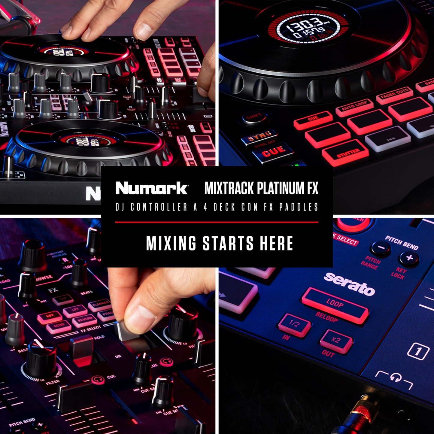 Numark Mixtrack Platinum FX 4-Deck DJ Controller, Display Jog Wheels, Built-in Audio Interface