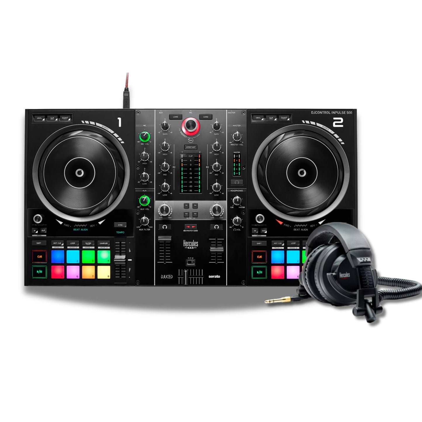 Hercules DJControl Inpulse 500 USB DJ Controller with HDP DJ45 Headphones for Serato DJ Lite & DJUCED