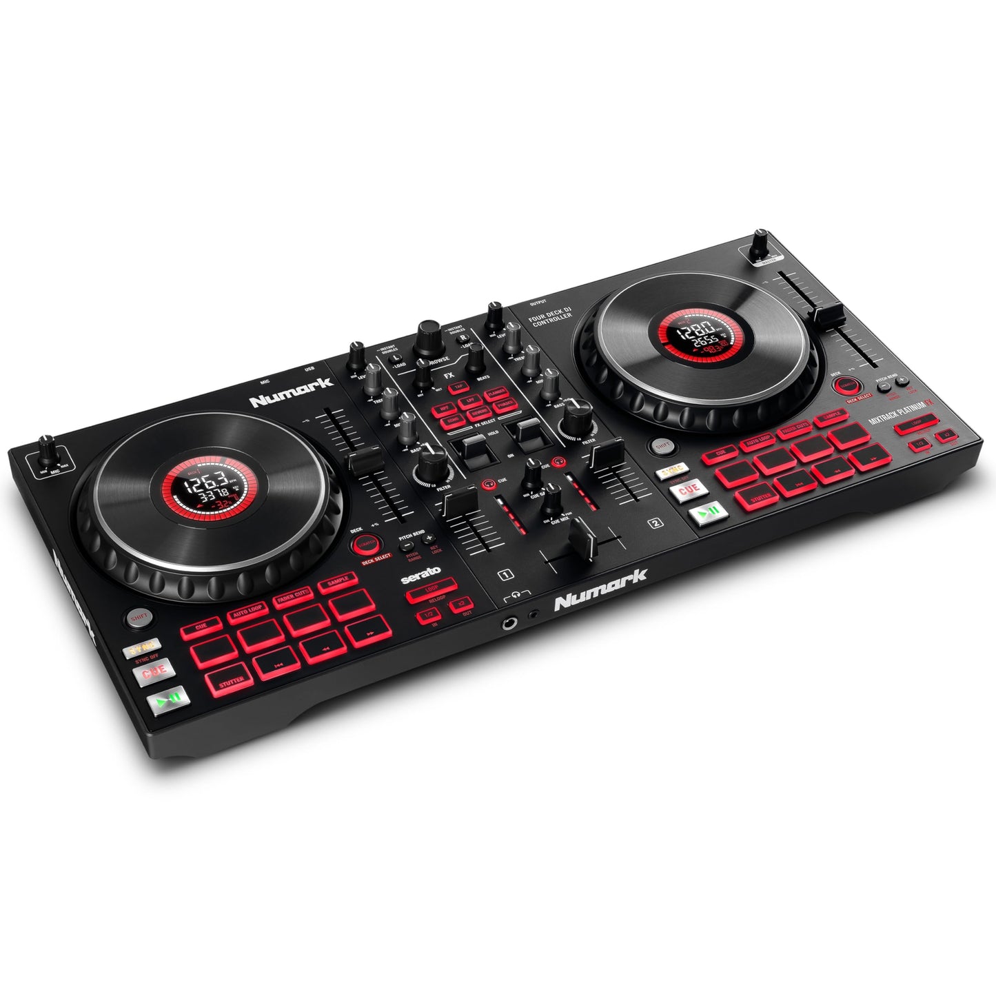 Numark Mixtrack Platinum FX 4-Deck DJ Controller, Display Jog Wheels, Built-in Audio Interface