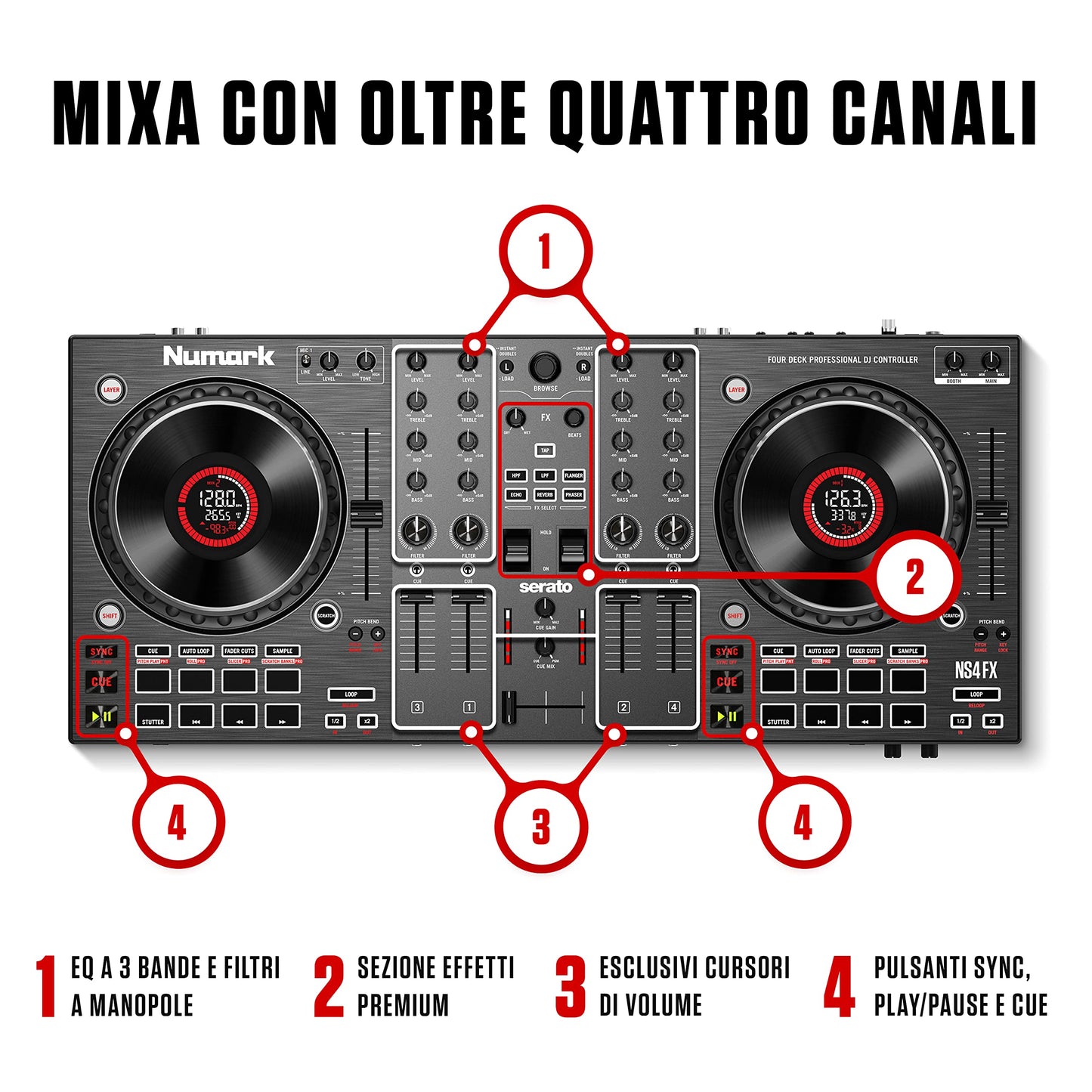 Numark NS4FX 4-Channel DJ Controller, Display Jog Wheels, Performance Pads, Serato DJ Lite