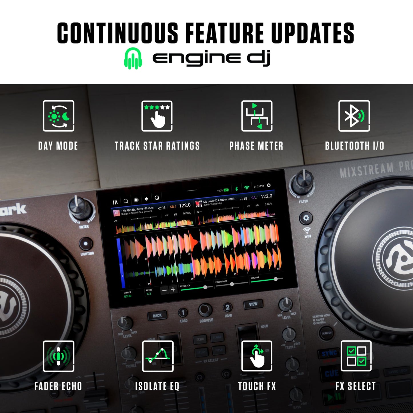 Numark Mixstream Pro Go Battery-Powered DJ Controller, Wi-Fi, Touchscreen, Built-in Speakers