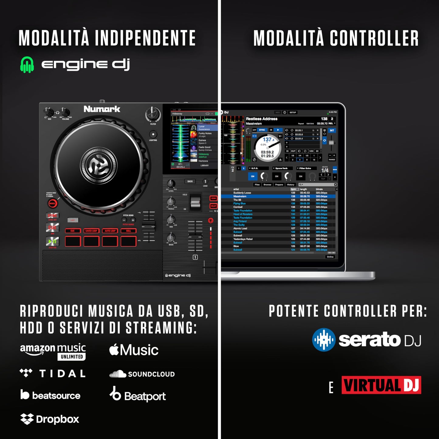 Numark Mixstream Pro+ DJ Controller, 2-Deck, Wi-Fi, 7" Touchscreen, Built-in Speakers