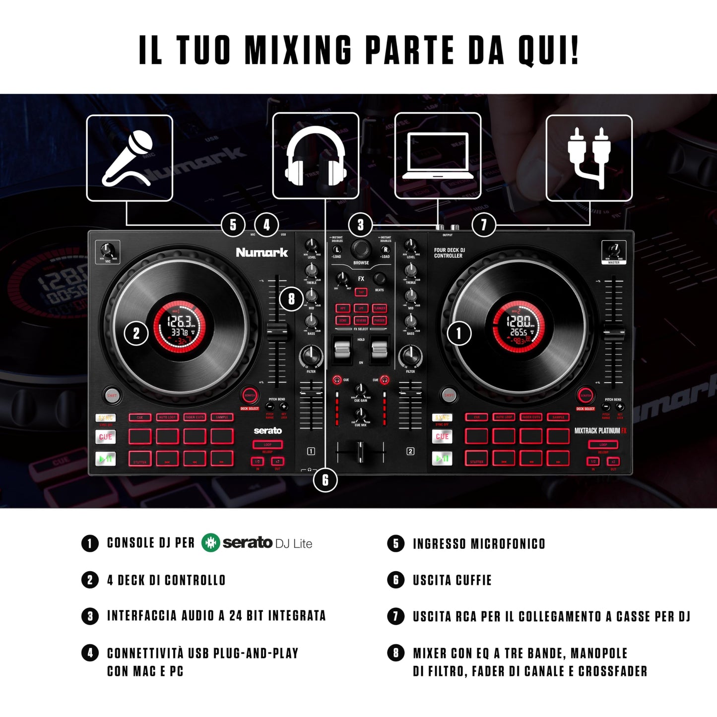Numark Mixtrack Platinum FX 4-Deck DJ Controller, Display Jog Wheels, Built-in Audio Interface