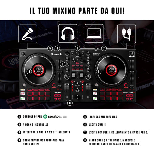 Numark Mixtrack Platinum FX 4-Deck DJ Controller, Display Jog Wheels, Built-in Audio Interface