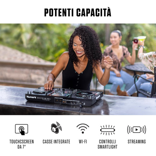 Numark Mixstream Pro+ DJ Controller, 2-Deck, Wi-Fi, 7" Touchscreen, Built-in Speakers