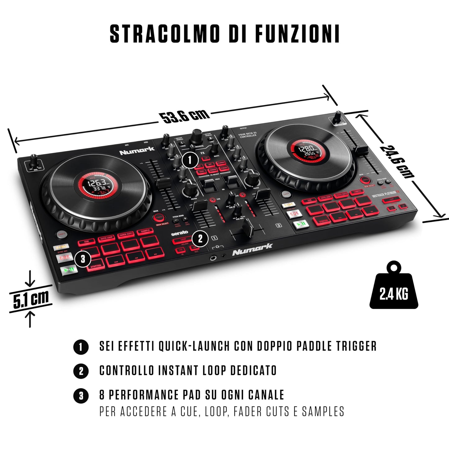 Numark Mixtrack Platinum FX 4-Deck DJ Controller, Display Jog Wheels, Built-in Audio Interface