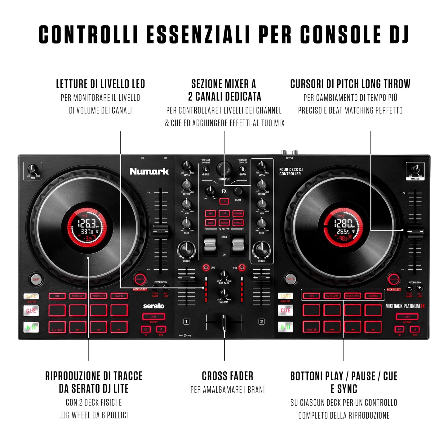 Numark Mixtrack Platinum FX 4-Deck DJ Controller, Display Jog Wheels, Built-in Audio Interface