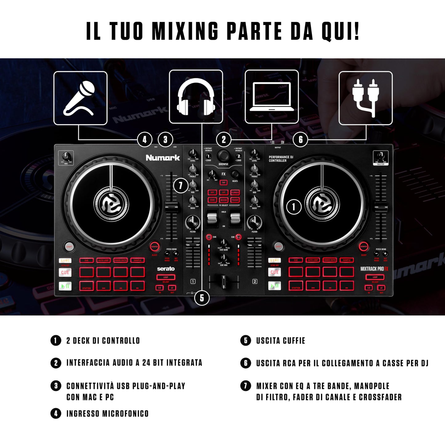 Numark Mixtrack Pro FX 2-Deck DJ Controller, Serato DJ, Built-in Audio Interface, FX Paddles