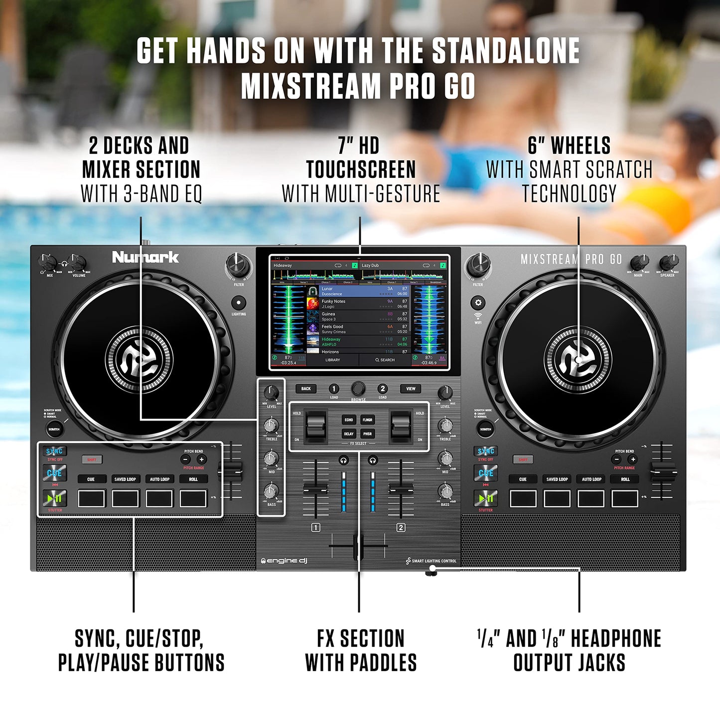 Numark Mixstream Pro Go Battery-Powered DJ Controller, Wi-Fi, Touchscreen, Built-in Speakers