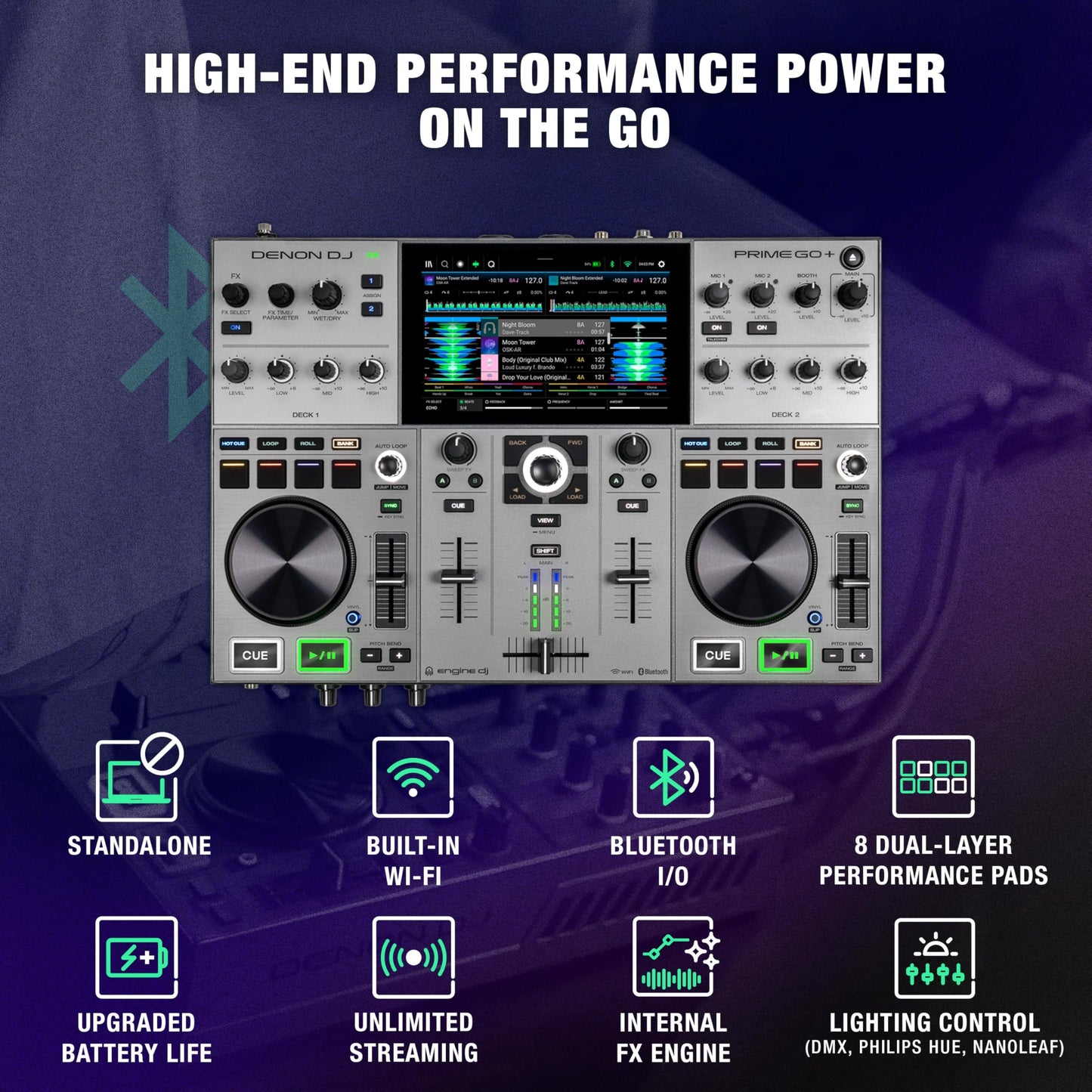 Denon DJ PRIME GO+ 2-Deck DJ Controller, Wi-Fi, Bluetooth, 7" Touchscreen, Battery Powered