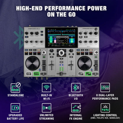 Denon DJ PRIME GO+ 2-Deck DJ Controller, Wi-Fi, Bluetooth, 7" Touchscreen, Battery Powered