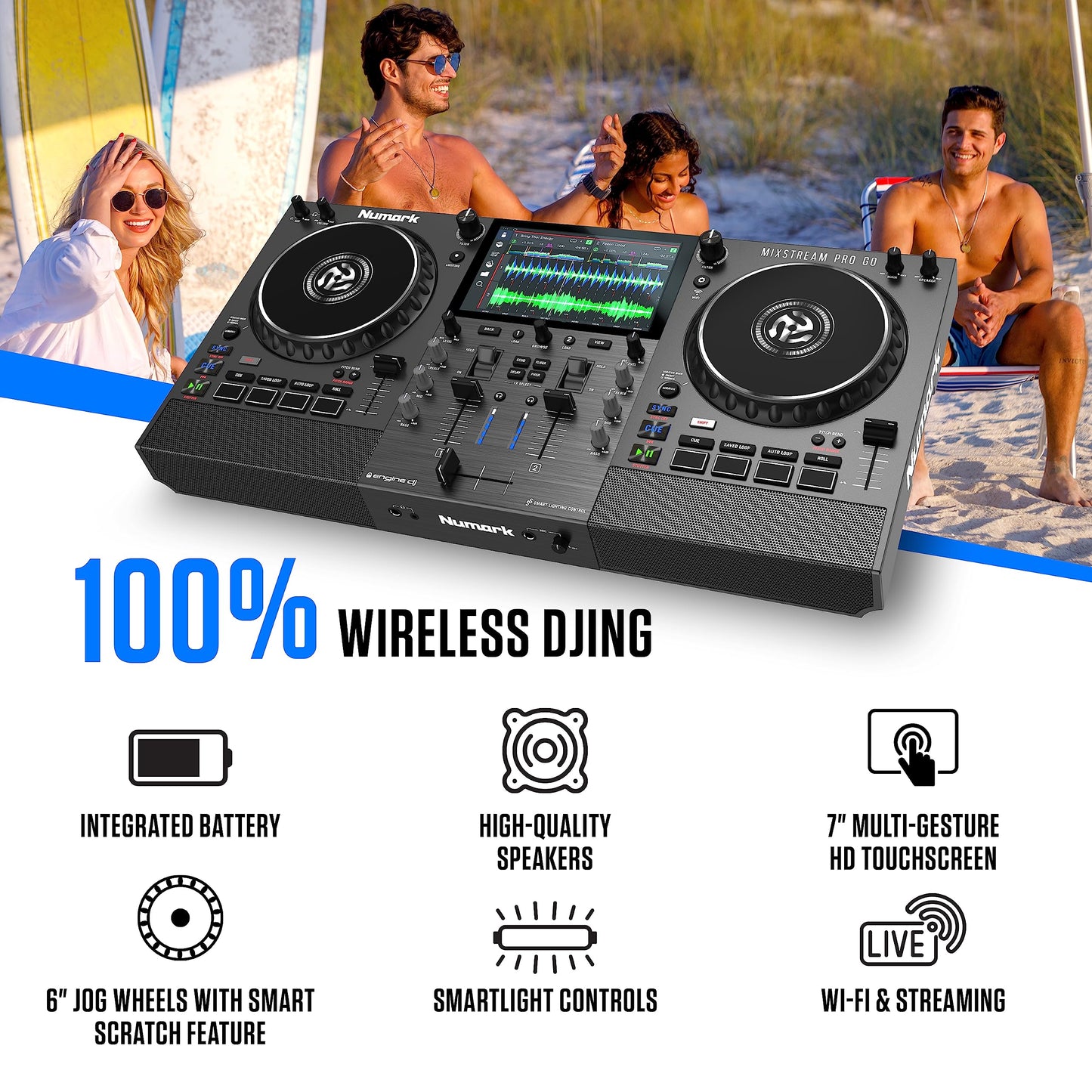 Numark Mixstream Pro Go Battery-Powered DJ Controller, Wi-Fi, Touchscreen, Built-in Speakers