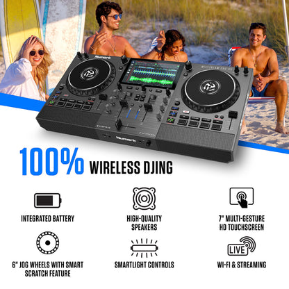 Numark Mixstream Pro Go Battery-Powered DJ Controller, Wi-Fi, Touchscreen, Built-in Speakers