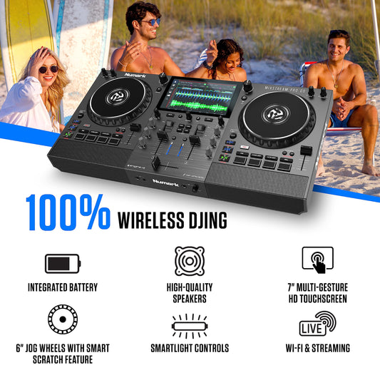 Numark Mixstream Pro Go Battery-Powered DJ Controller, Wi-Fi, Touchscreen, Built-in Speakers